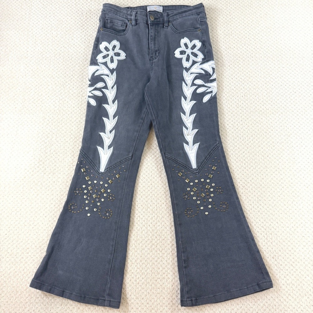 Studded Flare Jeans Austin Landing Women 7/28 Blackwash Western Festival Cowgirl
